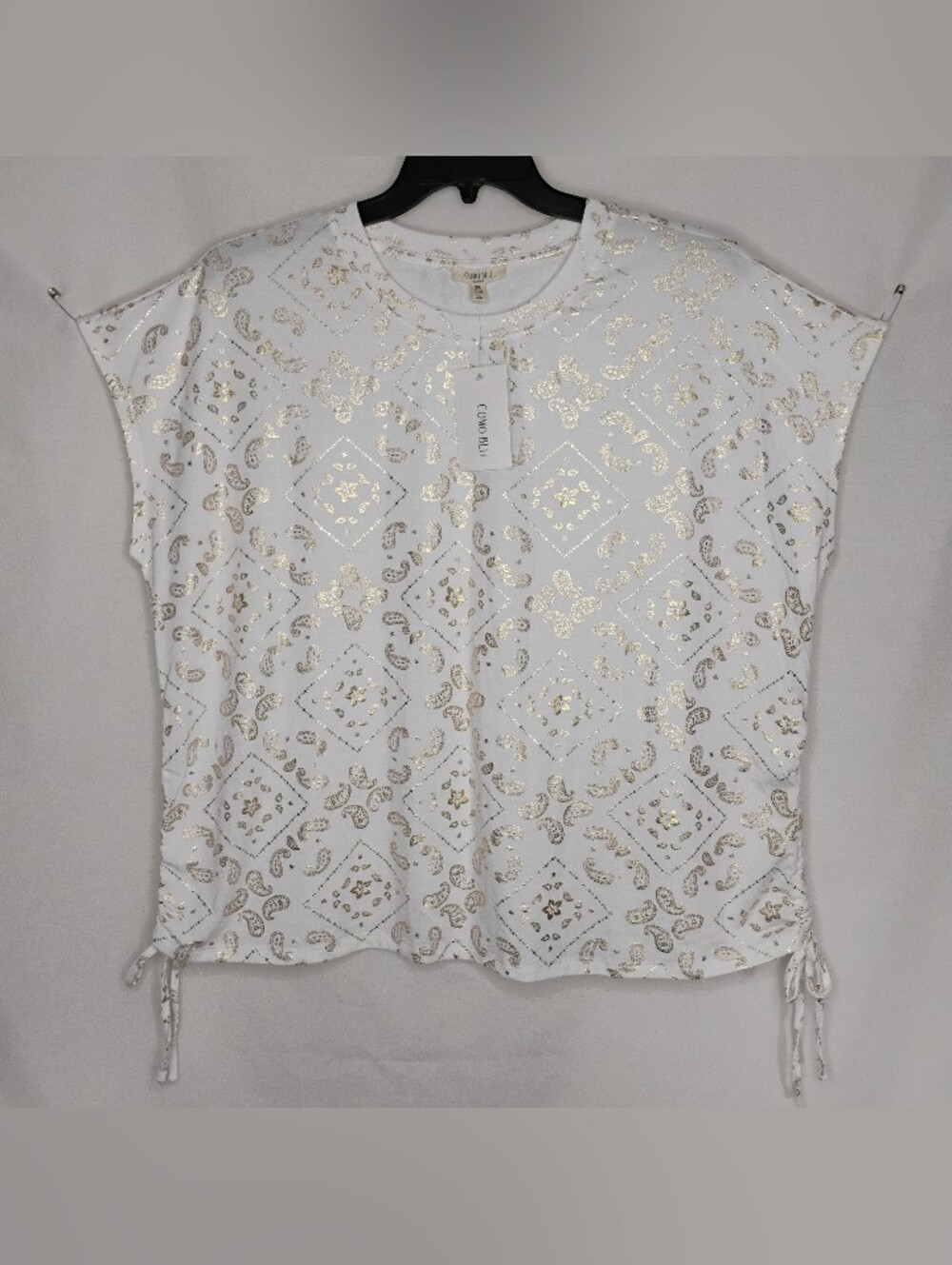 Women's Size 2X Como Blu White Boxy Cap Sleeve Top Metallic Gold Paisley Pattern